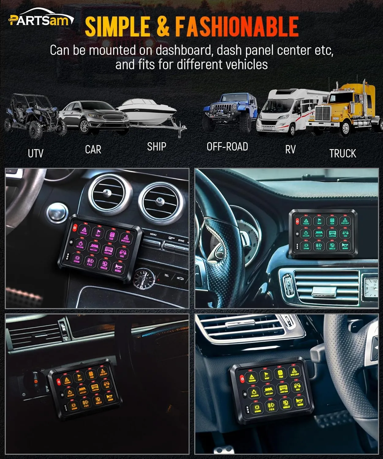 Partsam 5.5 Inch RGB 12 Gang Switch Panel, 3 Silicone Button 5 Brightness Levels Multifunction Toggle Switch Button Auxiliary Circuit Control Box Electronic Relay for Truck RV ATV UTV Boat
